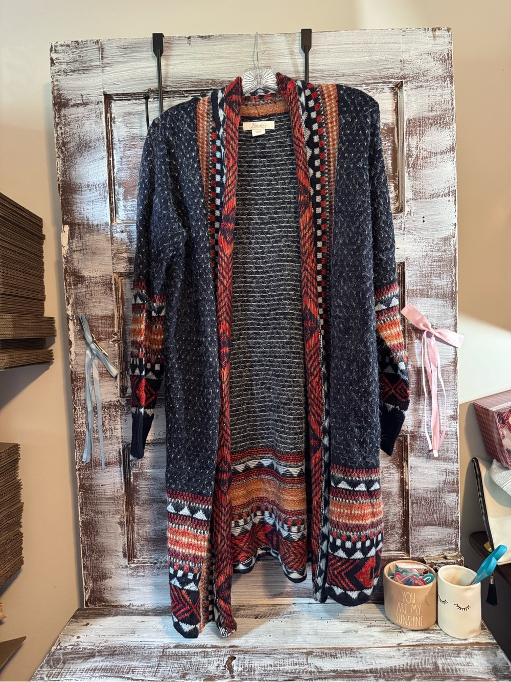 Natural Reflections Navy Open-Front Cardigan with Rust & Cream Trim
